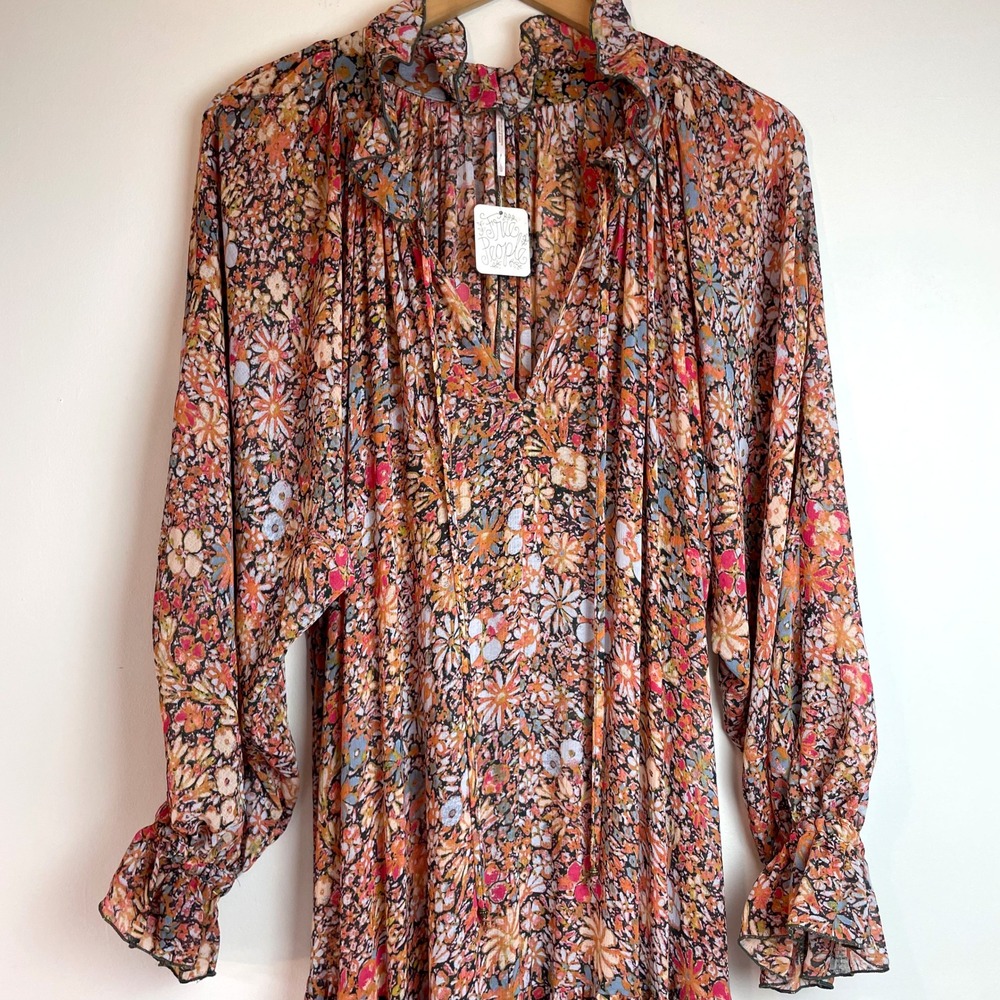 Free People Maxi Dress Floral Tiered Boho Ruffle L Fairy Grunge Ethereal NWT - Picture 2 of 9
